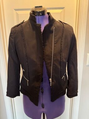 White House Black Market Black Frayed-Trim Zip Front Blazer